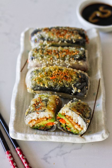 Rice Paper Nori Rolls, Tofu Nori Wrap, Vegetarian Rice Rolls, Rice Paper Sushi Rolls Fried, Tofu Rolls Rice Paper, Tofu Sushi Recipes, Tofu Fresh Rolls, Veggie Wraps Rice Paper, Rice Paper Ramen Rolls