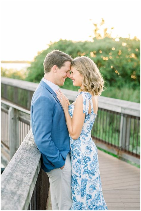 Dressy Casual Engagement Photos, Light Blue Dress Engagement Photos, Blue And White Dress Engagement Photos, Men Engagement Shoot Outfit, Engagement Photos Bright And Airy, Blue And White Engagement Photos, Preppy Engagement Pictures, Bright Engagement Photos, Blue Engagement Photos