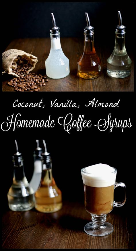 Homemade flavored coffee syrups are a healthier and easy way to jazz up your coffee without the added sugar! Vanilla, Almond and Coconut syrup recipes. #coffee #coffeesyrups #flavoredsyrups Coconut Syrup Recipe For Coffee, Make Your Own Coffee Syrup, Diy Coffee Syrup Recipes, Coconut Simple Syrup, Flavored Syrups For Coffee, Bar Syrups, Coffee Syrup Recipe, Syrups For Coffee, Flavored Simple Syrup