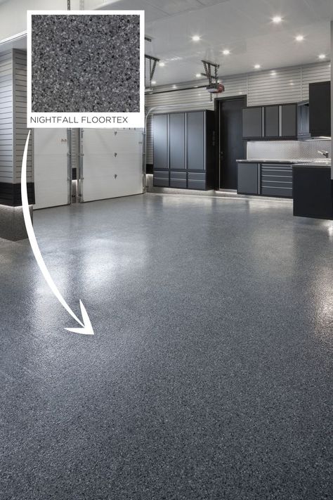 Speckled Garage Floor, Modern Garage Ideas Interior Design, Gray Epoxy Garage Floor, Painted Garage Floor Ideas, Finished Garage Floor, Black Epoxy Garage Floor Ideas, Polyurea Garage Floor, Gray Garage Interior, Grey Garage Interior