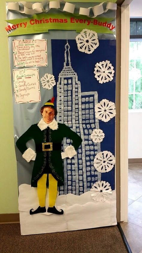 Elf movie door decoration Elf Movie Party, Elf Themed Christmas Party, Elf Classroom, Christmas Cubicle, Elf The Movie, Christmas Hallway, Door Decorations Classroom Christmas, Elf Party, Christmas Door Decorating