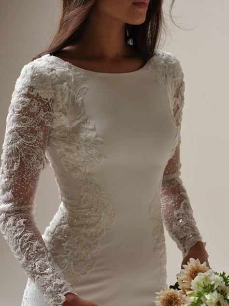 Navi Leigh Long-Sleeve Modest Wedding Dress | Maggie Sottero Wedding Dress Scoop Neck, Simple Engagement Dress, Modest Long Sleeve Wedding Dresses, Designer Wedding Gown, Sheath Wedding Gown, Modest Wedding Gowns, Maggie Sottero Wedding Dresses, Modest Wedding Dress, Formal Wear Dresses