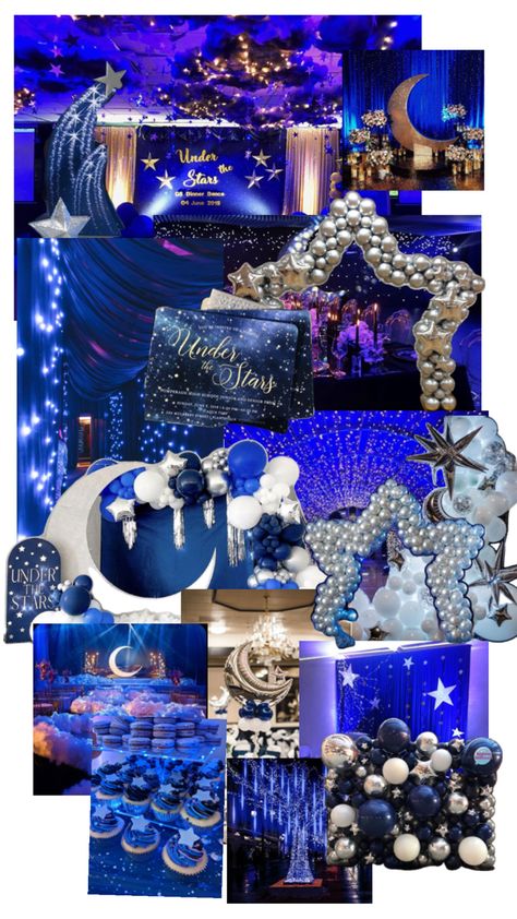 Prom Themes Starry Night, Under The Stars Quinceanera Theme, Hoco Themes, School Dance Themes, Starry Night Prom, Starry Night Theme, Prom Planning, A Night Under The Stars, Blue Sweet 16