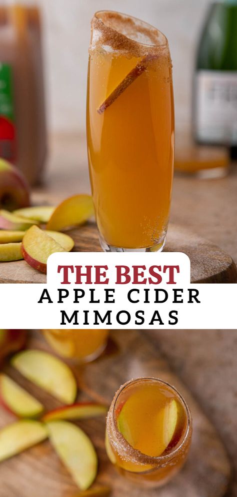 This easy and delicious apple cider mimosas recipe is made with sparkling wine, apple juice, or spiced apple cider and decorated with the most delicious cinnamon sugar rim. It is perfect for NYE, brunch, or just when you are having people over and want to elevate the experience. Apple Beverage Recipes, Cinnamon Apple Mimosa, Autumn Mimosa, Nye Brunch, Cider Mimosa Recipe, Apple Mimosa, Mimosas Recipe, Apple Cider Mimosa Recipe, Cider Mimosa