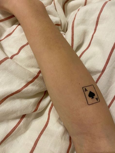 Poker Inspired Tattoo, Card Ace Tattoo, Small Deck Of Cards Tattoo, Card Themed Tattoo, Funky Patchwork Tattoos, Ace Card Tattoos, Ace Spades Tattoo, Ace Finger Tattoo, Simple Card Tattoo