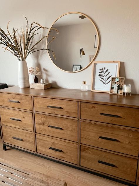 Behind Dresser Wall Decor, Bedroom Dresser 2023, Decorate Top Of Dresser Ideas, Earthy Bedroom Dresser, Modern Wooden Dresser, Dresser Wall Ideas, Dresser Master Room, Mismatched Dressers In Bedroom, 2 Dressers In Bedroom