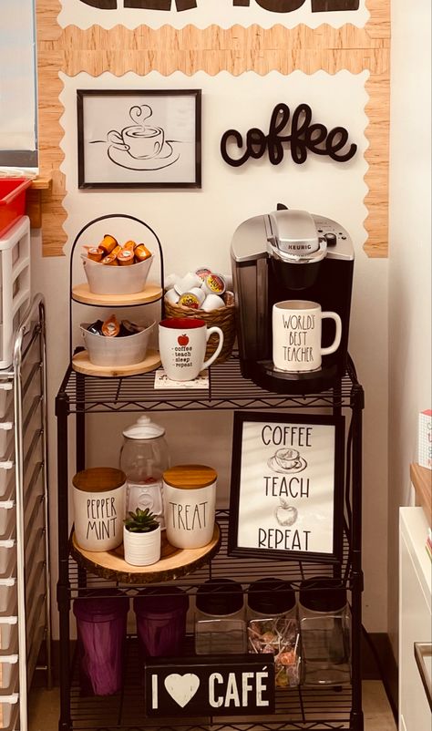 High School Classroom Coffee Bar, Staff Room Coffee Station, Break Room Coffee Station, Cozy School Office Ideas, Daycare Break Room Ideas, Coffee Station Classroom, Coffee Bar At Work For Employees, Coffee Bar Ideas At Work, Coffee Room Decor