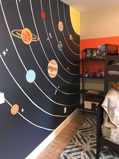 Diy Space Mural, Outer Space Kids Room, Solar System Bedroom Ideas For Kids, Rocket Mural, Space Mural Kids Room, Boy Space Room, Boys Room Space Theme, Space Bedroom Boys, Barn House Bedroom