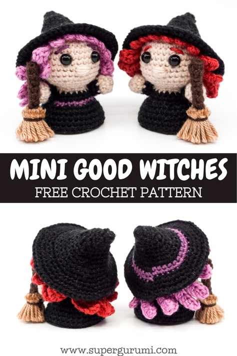 Free Crochet Pattern for the Good Witches by Supergurumi. These cute witches are easy to crochet with a step by step description and many pictures. Visit Supergurumi for more Halloween crochet patterns. #amigurumi #crochet #crochetpattern #devil #crochetdevil Witch Crochet Pattern, Halloween Crochet Ideas, Crochet Halloween Decorations, Witch Crochet, Cute Witches, Halloween Amigurumi, Mini Animals, Mini Amigurumi, Fall Crochet Patterns