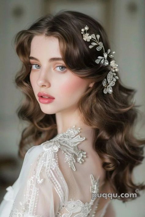 Wedding Hairstyles For Long Face, Soft Romantic Wedding Hair, Angelic Hairstyles, Vintage Wedding Hairstyles, Angelic Face, Winter Wedding Hair, Romantic Wedding Hair, Bridal Hair Inspiration, Fairy Tale Wedding Dress