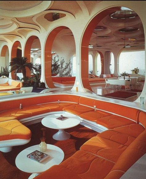 70s Interior Design Retro, Retro Futurism Interior, Futurism Architecture, Futuristic Decor, 60s Interior, 70s Interior Design, 80s House, Googie Architecture, 70s Interior