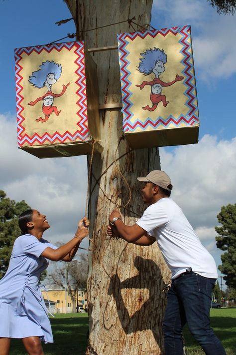 Thing 1 & Thing 2 gender reveal! Gender Reveal Themes For Twins, Gender Reveal Triplets, Twin Baby Gender Reveal Ideas, Thing 1 Thing 2 Gender Reveal, Twin Gender Reveal Ideas, Dr Seuss Gender Reveal, Dr Suess Baby Gender Reveal, Gender Reveal Twins, Cute Twin Pregnancy Announcement