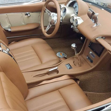 58 corvette interior job. auto upholstery grey with brown and tan interior #BecauseSS Grey Car Interior, Car Interior Paint, Corvette C4 Interior, Corvette C8 Interior, C5 Corvette Interior, 58 Corvette, Corvette Interior, Porsche Brown Interior, Street Rod Interior