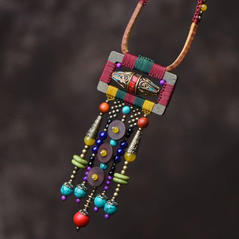 Rattan Folk Style Creative Wood Ethnic Necklace Tassel Pendant Vintage Sweater Nature Stones Necklace - AliExpress Fabric Necklaces Ideas, Fabric Upcycle, Czech Beads Jewelry, Clay Beads Jewelry, Cord Necklaces, Playful Jewelry, Creative Necklace, Fiber Art Jewelry, Textile Necklace