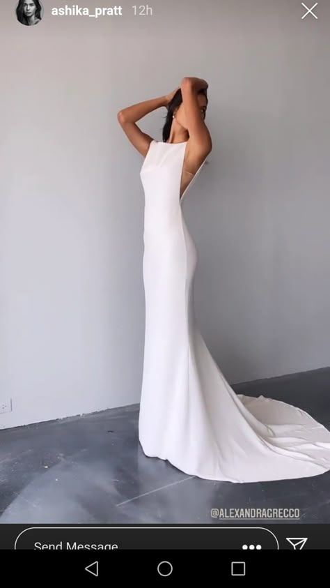 Wedding Dresses Boatneck, Boat Neck Open Back Wedding Dress, Minimal Glam Wedding Dress, Wedding Dresses Boat Neck, Satin Bodycon Wedding Dress, Wedding Dress For Tall Slim Bride, Wedding Dresses Clean, Modern Sleek Wedding Dress, Wedding Dress High Neck Low Back