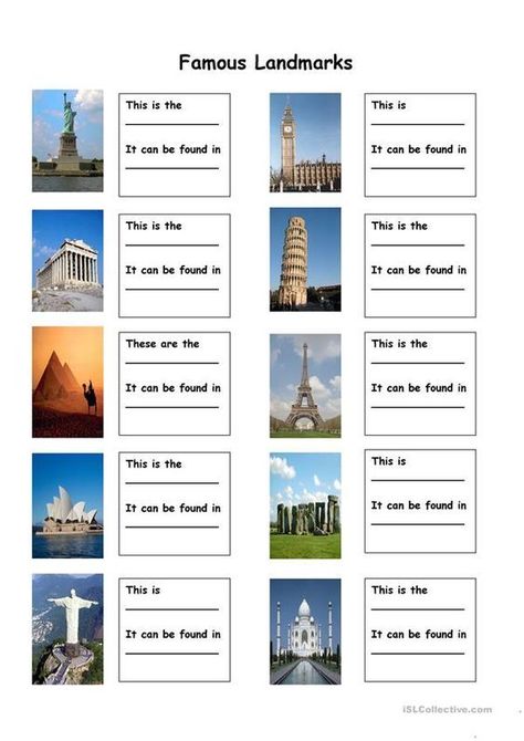 This is a fun worksheet about different famous landmarks from around the world. Students have to name the landmark and the place it is located in. Geography Worksheets, Geography For Kids, History Worksheets, Teaching Geography, Famous Buildings, World Geography, English Activities, Famous Landmarks, Reggio Emilia