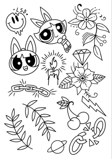 Easy Tattoo Flash Sheet, Simple Traditional Tattoo Flash, Spring Flash Tattoo, Traditional Tattoo Stencils Old School, Tiny Tattoo Flash Sheet, Flash Tattoo Outline, Simple Flash Sheet, Flash Art Tattoo Simple, Simple Tattoo Flash Sheet