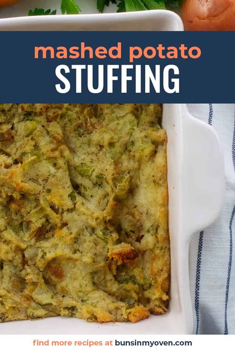 Amish Mashed Potato Stuffing is a mixture of mashed potatoes and stuffing - perfect for a holiday dinner! We came across a version of Pennsylvania Dutch Mashed Potato Stuffing in an old cookbook and gave it a try. We put our own spin on it, adding in extra seasonings and fresh herbs, and here we are with this creamy, dreamy potato stuffing that is a definite must try! Potatoe Stuffing, Mashed Potato Stuffing, Amish Potato Stuffing, Stuffed Mashed Potatoes, Potato Stuffing, Dressing Recipes Thanksgiving, Potato Filling, Homemade Stuffing, Mashed Potato Casserole