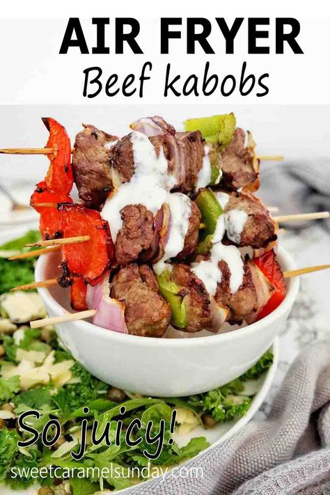 Air Fryer Beef Kabobs are juicy and succulent! Quick and easy to make the air fryer sizzles them to perfection. Serve with salad and garlic yogurt sauce. #easyrecipes #airfryerrecipes @sweetcaramelsunday Air Fryer Steak Kebab Recipes, Beef Kebabs In The Air Fryer, Kebab In Airfryer, Steak And Veggies In Air Fryer, Shish Kebabs In The Air Fryer, Air Fryer Beef Skewers, Steak Skewers Air Fryer, Steak Kabobs Air Fryer, Kebabs In Air Fryer