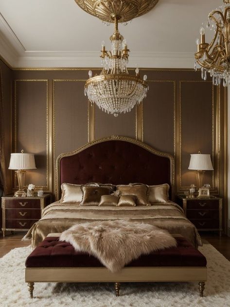 Bring an opulent touch to your bedroom aesthetic with a velvet tufted headboard, antique brass accents, and a plush faux fur rug. Complete the look with a crystal chandelier and rich, mahogany furniture for that old money charm. Velvet Tufted Headboard, Unique Bedroom Design, Luxury Bedroom Furniture, Victorian Bedroom, Mahogany Furniture, Faux Fur Rug, Smart Home Design, Style Essentials, Fur Rug