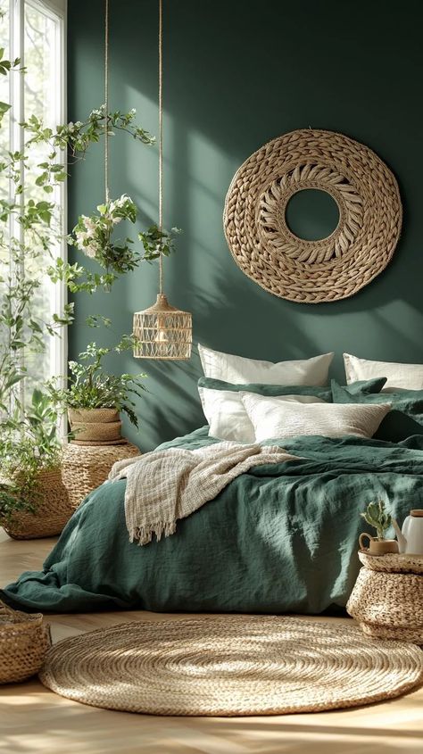 23 Whimsical Moody Boho Bedroom Ideas to Copy 32 Green Scheme Bedroom, Jewel Color Bedroom Ideas, Bohemian Bedroom Paint Colors, Whimsical Guest Room, Boho Bedroom Colors Paint, Colorful Boho Interior, Unisex Bedroom Ideas, Boho Master Room Bedroom Ideas, Colorful Bedroom Ideas For Adults