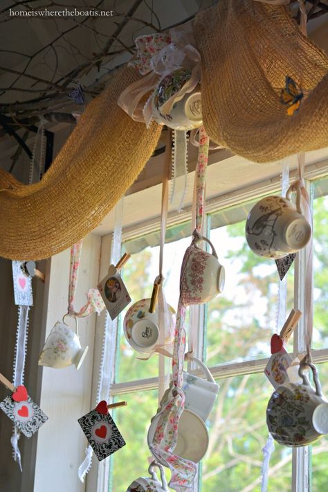 Hanging Teacups, Diy Tea Party, Tea Room Decor, Twisted Tales, Mad Tea Parties, Alice In Wonderland Tea Party Birthday, Mad Hatters Tea Party, Teacup Crafts, Tea Decor