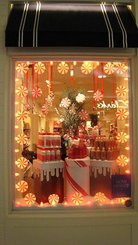 Peppermint Window Display, Candy Shop Window Display, Xmas Shop Window Displays, Candy Cane Christmas Window Display, Candy Cane Window Display, Store Window Christmas Displays, Storefront Christmas Displays, Christmas Store Window Displays, Christmas Shop Displays