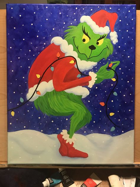 The Grinch stealing Christmas lights. Acrylic painting 16x20 Christmas Paintings Grinch, Christmas Grinch Painting, Whoville Painting, The Grinch Canvas Painting, The Grinch Window Painting, Grinch Painting Easy, Grinch Acrylic Painting, Disney Christmas Paintings On Canvas, Grinch Christmas Painting