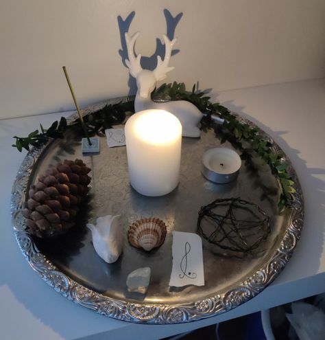 Artemis, Altar, Paganism, Spirituality, Witchcraft, Deity, Candles, Pentagram, Elements, Incense Altar For Artemis, Artemis Altar Offerings, Offerings For Artemis, Offerings To Artemis, Altar Arrangement Witchcraft, Loki Altar Ideas, Small Alter Ideas, Jupiter Altar, Small Altar Ideas Witch