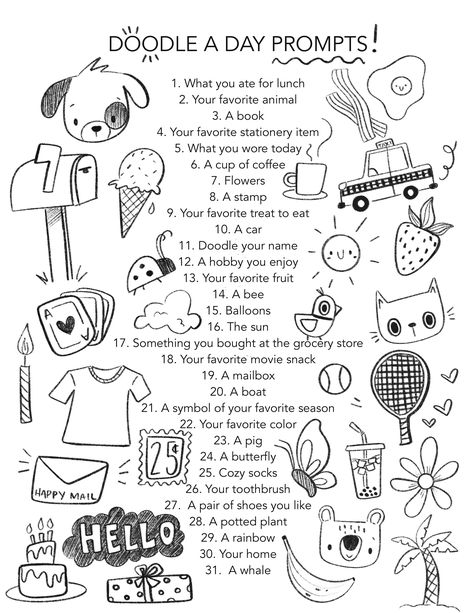 Journal Prompts Drawing, Doodle Journal Prompts, Doodle A Day Challenge, Doodle Prompts Challenges, Fun Journal Prompts For Kids, After Homework Activities Elementary, Easy Drawing Prompts, Art Sketchbook Prompts, A Doodle A Day