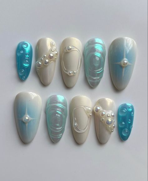 blue water fairy pearl nails 3d Drops Nails, 3d Water Drop Nails, Dew Drop Nails, Waterdrop Nails, Water Inspired Nails, Rain Drop Nails, Water Droplet Nails, Droplet Nails, Water Drop Nails