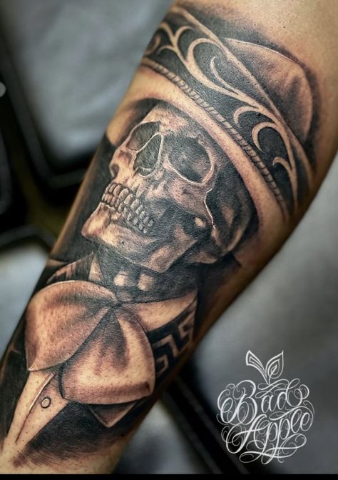 Charro Skeleton Tattoo, Latino Tattoos Men Ideas, Skeleton With Sombrero Tattoo, Mexican Charro Tattoo, Day Of The Dead Tattoo Men, Mexican Mariachi Tattoo, Mexican Leg Tattoo, Sombrero Tattoo Mexican, Mexican Soldier Tattoo