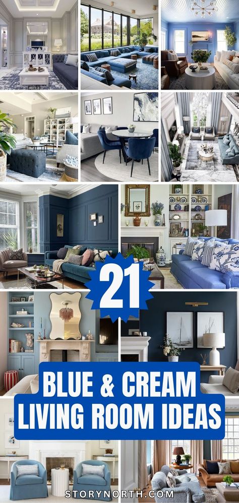 Save this pin for inspiring blue and cream living room decor ideas that strike the perfect balance between comfort and elegance. Elevate your home with these stylish designs! #homedecor #livingroomideas #interiordesign Traditional Blue And White Living Room, Gray Living Room Blue Accents, Mark Sikes Living Room, Living Room With Blue Chairs, Blue Taupe Living Room, Cream Blue Color Palette, Navy Living Room Decor Ideas, Blue Aesthetic Decorations, Tan Blue Living Room