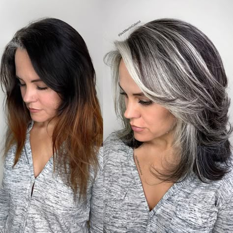 Transitioning to Gray Hair 101, NEW Ways to Go Gray in 2020 - Hair Adviser Grey Hair Transformation, Salt And Pepper Hair, Gorgeous Gray Hair, Grey Hair Inspiration, Gray Hair Growing Out, Going Grey, Dark Hair With Highlights, Silver Hair Color, Silver Blonde