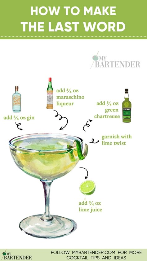 Unleash the perfect blend of sophistication and flavor with our Last Word Cocktail recipe! 🍸✨ Crafted with equal parts gin, green chartreuse, maraschino liqueur, and fresh lime juice, this classic concoction guarantees a taste bud symphony. 🎉🌿#LastWordCocktail Last Word Cocktail Recipe, Cocktails With Green Chartreuse, The Last Word Cocktail, Chartreuse Drink Cocktails, Chartreuse Drink, Lime Cocktail Recipes, Last Word Cocktail, Underground Speakeasy, Lime Cocktails