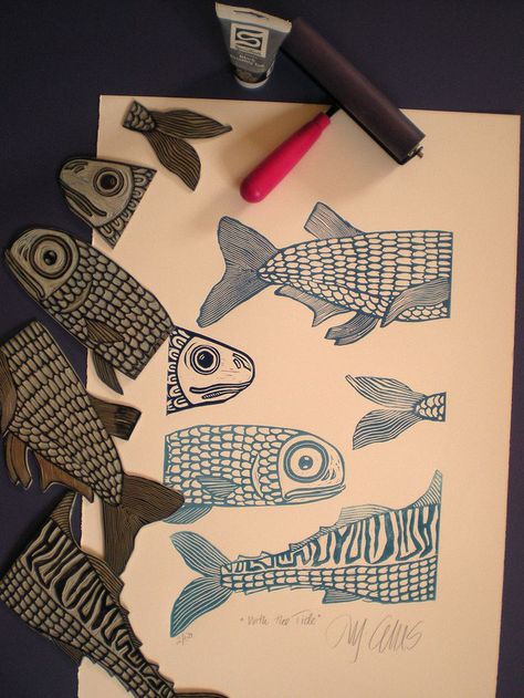 Hand Carved Stamps, Stamp Carving, Linocut Art, Middle School Art, Fish Art, Lino Print, Elementary Art, Linoleum, Linocut Prints