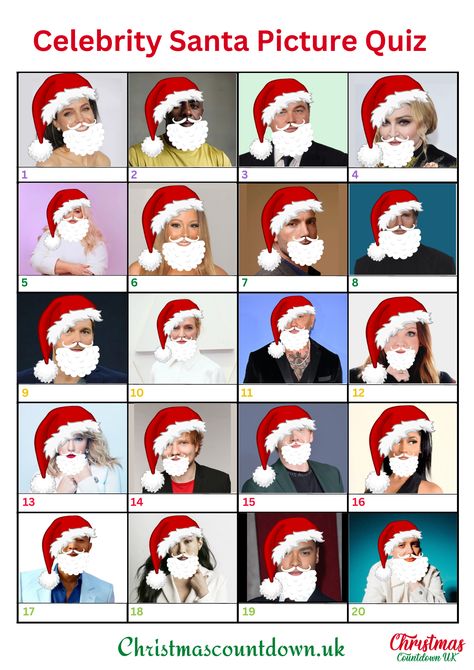 Guess The Celebrity Santa Christmas Picture Quiz And Answers, Christmas Quiz And Answers, Christmas Picture Quiz, Christmas Quiz Questions, Picture Questions, Guess The Celebrity, Father Xmas, Picture Quiz, Christmas Quiz