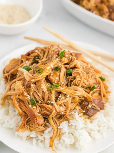 Shredded Chicken Teriyaki Bowl, Shredded Chicken Over Rice, Shredded Chicken Rice Bowl, Shredded Chicken Teriyaki, Asian Shredded Chicken, Shredded Chicken Bowls, Shredded Chicken And Rice, Crock Pot Teriyaki Chicken, Gym Baddie