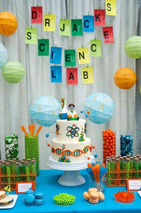 Science Themed Birthday Party, Science Party Ideas, Science Cake, Science Birthday Party Ideas, Scientist Birthday Party, Fun Color Palette, Mad Science Party, Scientist Birthday, Science Birthday Party