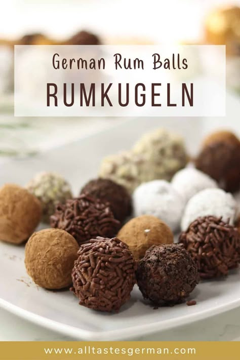 German rum balls are delicious, boozy little chocolate truffles that everybody just adores. They make a wonderful Christmas treat and are also the perfect hostess gift and stocking stuffer. Rum Chocolate Truffles, German Rum Balls Recipe, German Rum Balls, Truffles With Alcohol, Boozy Balls Holidays, Rum Ball Recipe, Boozy Candy Recipes, Homemade Alcoholic Christmas Gifts, Rum Truffles Recipe