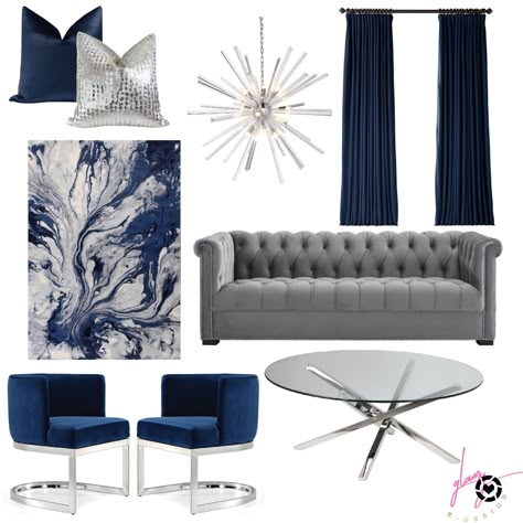 Checkout this beautiful Navy Blue and Grey Glam Living Room! It is everything you need for you home and I have made it easy for you by linking all of the items to this design (thank me later lol) http://liketk.it/2P1Wx #liketkit @liketoknow.it Navy Blue And Gray Home Decor, Gray Blue Bedroom Decor, Navy Blue And Gray Living Room Decor Area Rugs, Blue And Grey House Decor, Navy Silver Living Room, Gray And Navy Blue Living Room Ideas, Navy Blue And Silver Home Decor, Gray And Blue Living Room Ideas Modern, Living Room Blue Designs