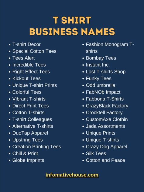 Create Your Own Unique T Shirt Business Name with These Tips and Ideas! T Shirt Business Names Ideas, Tshirt Brand Name Ideas, T Shirt Brand Name Ideas, Tshirt Business Name Ideas, T Shirt Brand Logo, Catchy Business Names, Clothing Booth Display, Clothing Booth, Catchy Business Name Ideas