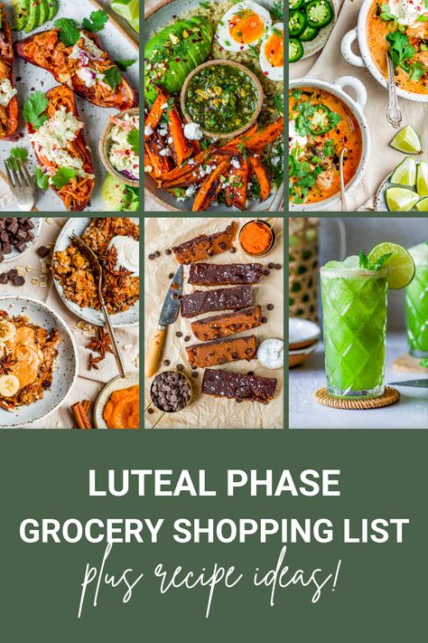 While eating a wide variety of nutrients to support each phase of the menstrual cycle is important, in this post we’re focusing on the luteal phase, the 1-2 weeks leading up to your period. Eating foods to support your hormones during this time can be incredibly helpful at reducing symptoms.   Click for the most beneficial luteal phase grocery shopping list with ingredient and meal ideas to help you balance your hormones and feel your best. Foods To Eat In Luteal Phase, Best Foods For Luteal Phase, Food Luteal Phase, Luteal Phase Salad, Luteal Phase Lunch Recipes, Luteal Phase Soup, Foods To Eat During Luteal Phase, Luteal Phase Meal Plan, Food For Luteal Phase