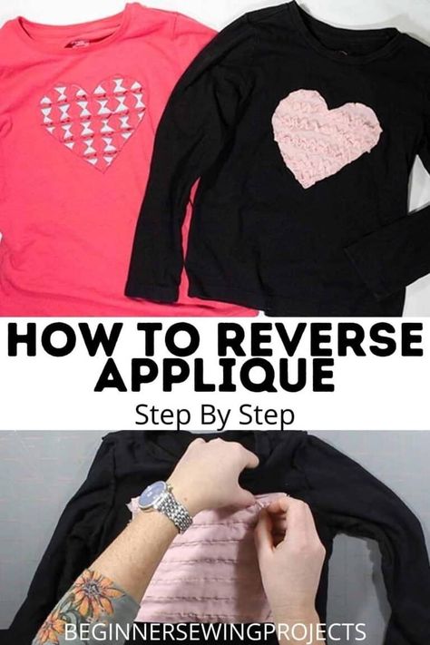 Make something fun and new! Today we are going to show you How To Reverse Applique Step By Step! Reverse Applique is when you sew two pieces of fabric together while making a shape. This is a fun project and I think it turned out great. I'll show you a couple different ways to do it, so pick the one that works best for you. Easy sewing projects. Tips. How To Reverse Applique Step By Step Decorated Sweatshirts Ideas, Reverse Applique Sweatshirt Diy, Applique Patterns Printable, Reverse Applique Designs, Reverse Applique Tutorial, Unique Sewing Patterns, Free Applique Patterns, Applique Sweatshirt, Applique Tutorial