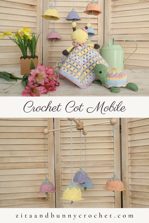 Flower Cot Mobile | Zita and Bunny Crochet Design Bluebell Flower, Cute Crochet Amigurumi, Colourful Crochet, Spring Crochet, Blue Bell Flowers, Cot Mobile, Crochet Turtle, Bunny Crochet, Easter Greeting Cards