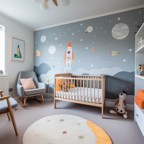 Aspiring space kids Kids Room Space Theme Wallpaper, Nursery Ideas Outer Space, Rocket Ship Nursery Space Theme, Space Mural Nursery, Planet Themed Nursery, Ship Themed Nursery, Nursery Room Space Theme, Outer Space Toddler Room, Nursery Ideas Space Theme