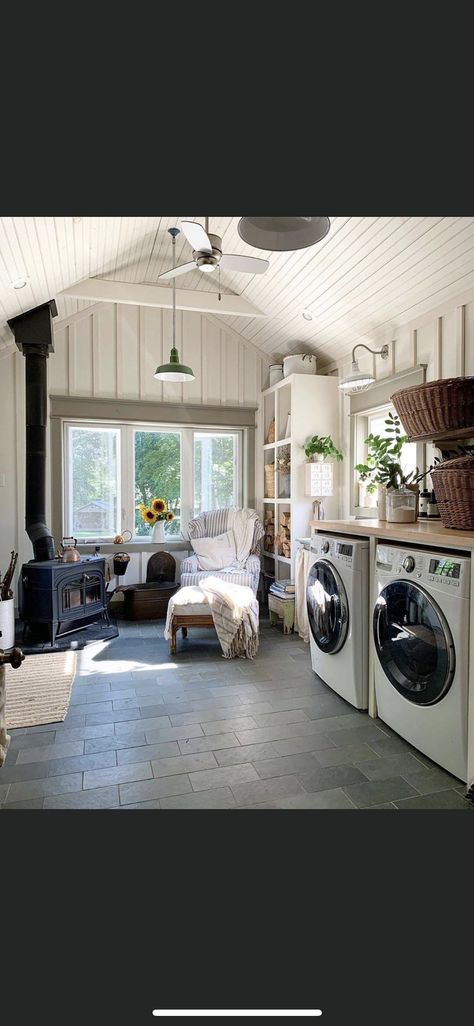 Laundry room, sunroom combo. Cozy. Farmhouse. Mud Room Addition, Laundry Room Addition, Mud Room Laundry Room Combo, Farmhouse Sunroom, Small Sunroom, Laundry Room/mud Room, Sunroom Addition, Sunroom Decorating, Mudroom Laundry Room