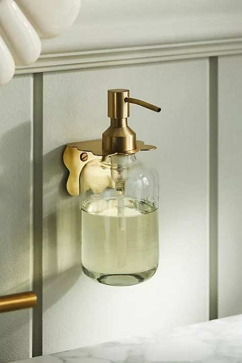 Wiggle Soap Bracket | Anthropologie Wall Mounted Soap Holder, Spa Inspired Bathroom Luxe, Vintage Soap Dispenser, Bathroom Brass Fixtures, Mushroom Bathroom, Wall Mount Soap Dispenser, Brass Bathroom Fixtures, Half Bath Decor, Chic Bathroom Decor