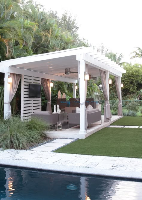 Pergola Patio White, Rectangular Gazebo Ideas, Detached Backyard Patio, Detached Pergola Patio Backyards, White Gazebo Ideas Backyard, Backyard Gazebo Outdoor Pavilion, Farmhouse Carport, Detached Pergola Patio, Pool Pavilion Ideas