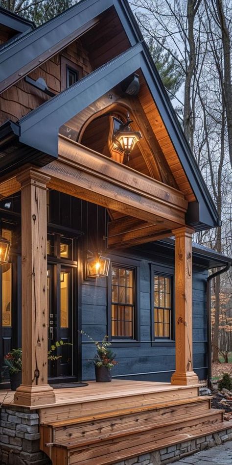 Rustic Curb Appeal, Moody Front Porch, Curb Appeal Porch, Modern Farmhouse Porch, Barn Style House Plans, Cabin Exterior, A Small House, Exterior Makeover, Barn Style House